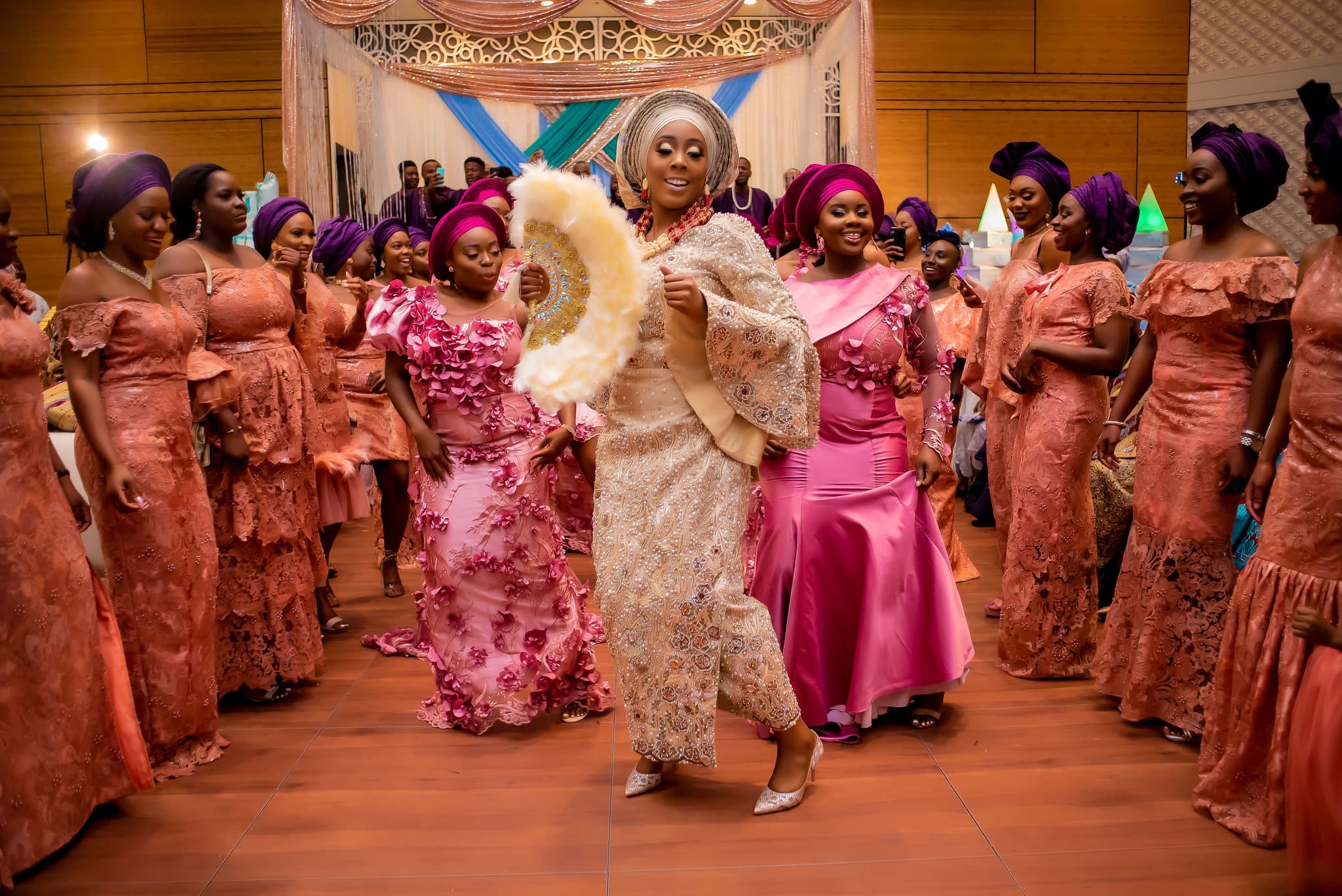Large festive wedding crowd celebration