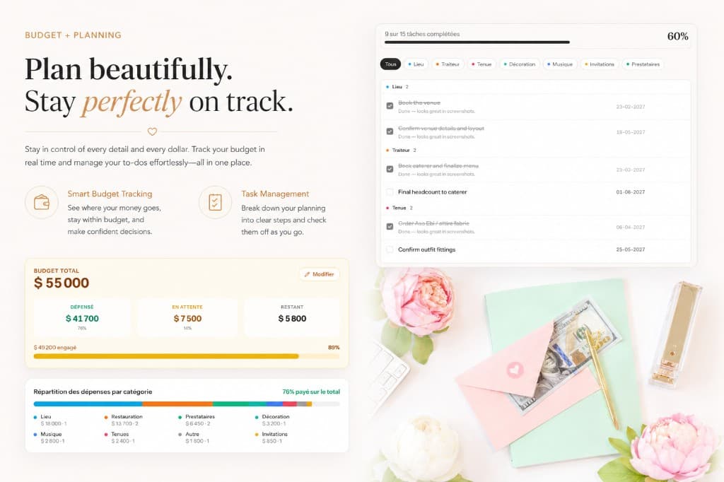 Budget and timeline dashboard with spend categories and planning checklist
