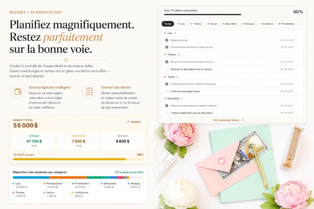 Tableau de bord budget et calendrier avec catégories de dépenses et liste de tâches