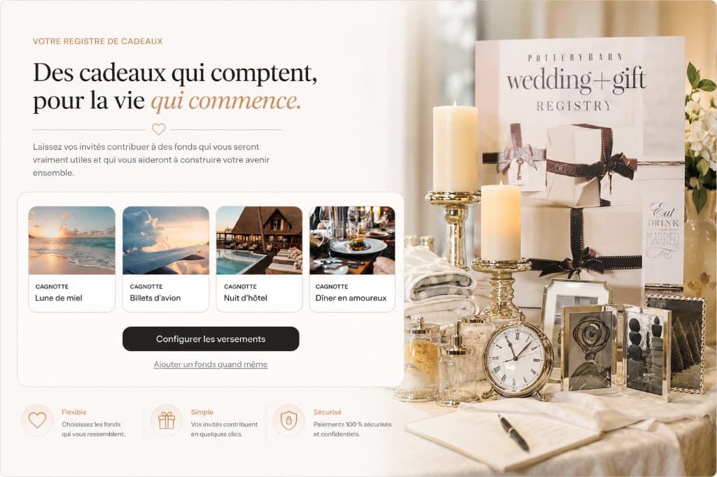 Gift registry with honeymoon funds and secure guest contributions