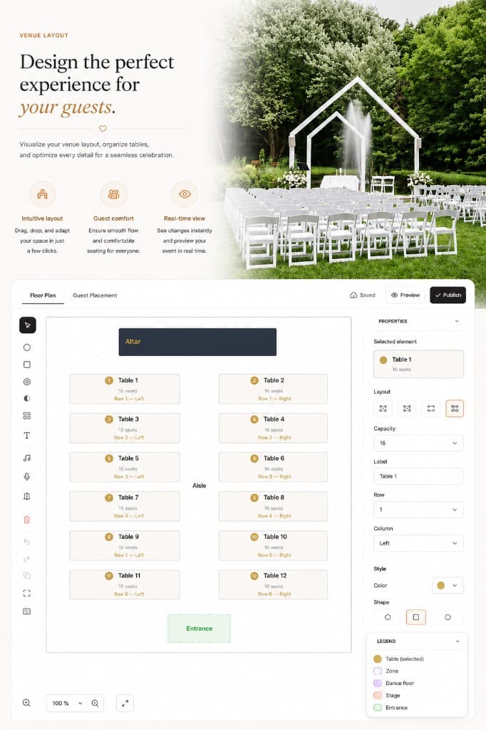 Seating chart editor with drag-and-drop floor plan and table assignments